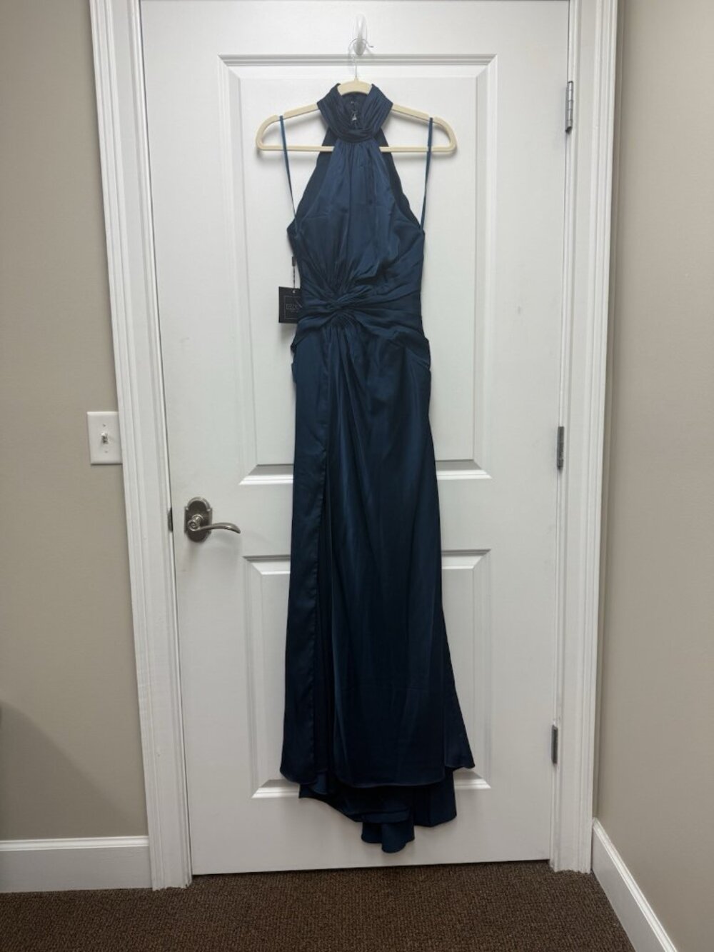 Mac Duggal Size 2 Ocean Blue Side Ruched Satin Halter Neck Prom Gown Dress Flaw - Picture 6 of 15